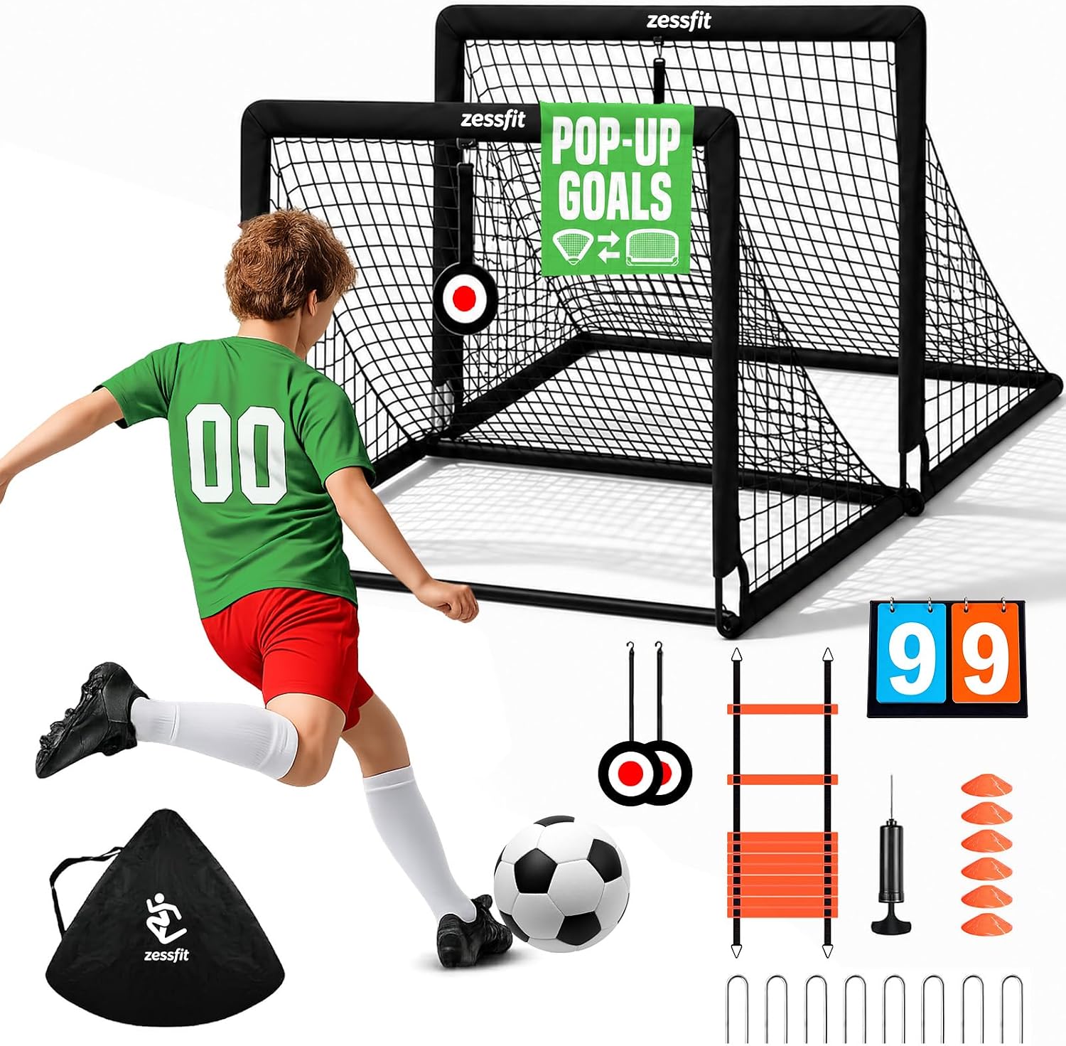 Kids Soccer Goal Set for Backyard, Portable Soccer Nets Set of 2 with Soccer Ball, Scoreboard, Agility Ladder, Cones