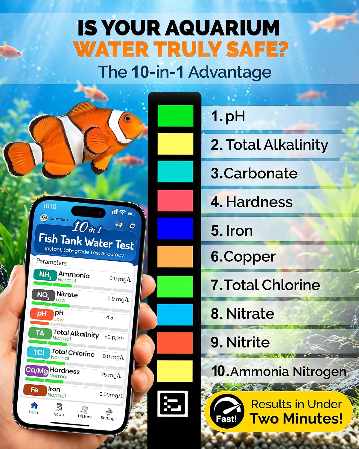 Digital Aquarium Water Test Kit, App-Enabled 10-in-1 Fish Tank Test Kit for Freshwater & Saltwater, Aquarium Test