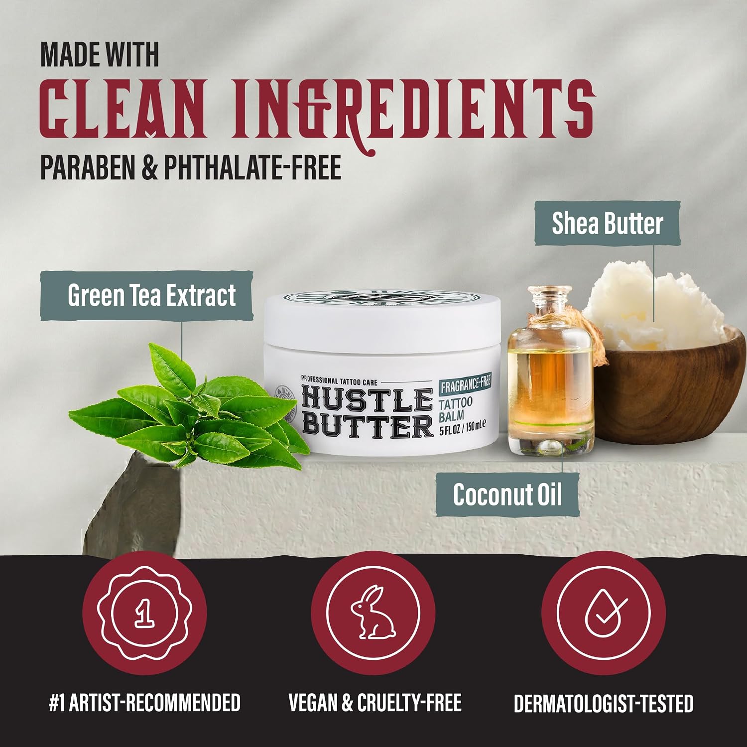 Hustle Butter Fragrance Free Tattoo Aftercare 5oz Tattoo Balm, Unscented Vegan Tattoo Butter and Healing Cream for