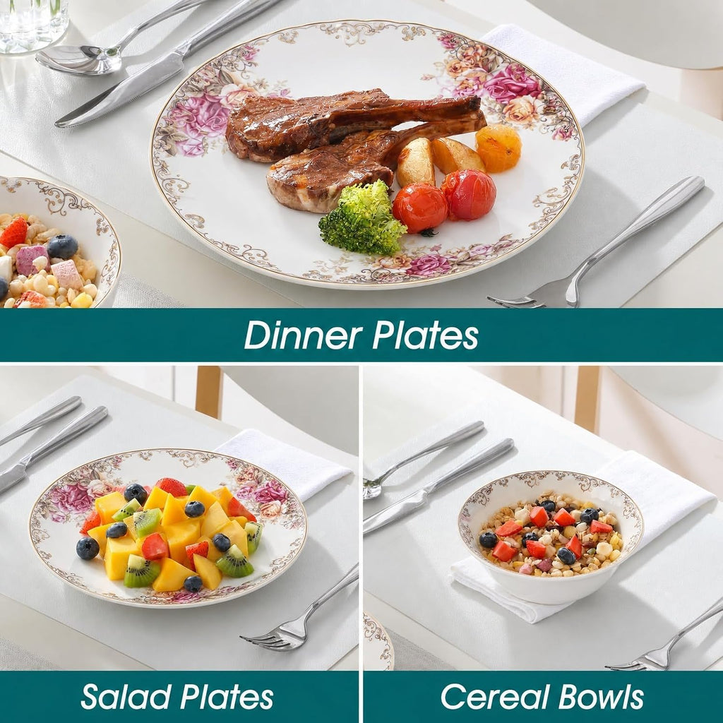 Bone China Dinnerware Set for 4, 12 Pcs Floral Plates and Bowls, Rose Bloom
