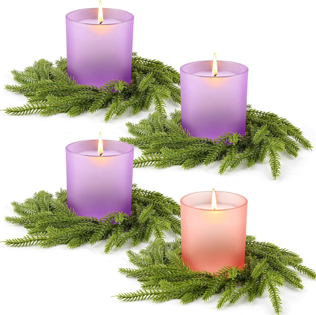 4 Pcs Christmas Advent Candle Holder with Wreath Catholic Nativity Scene Glass Votive Tealight Candle Holders Purple