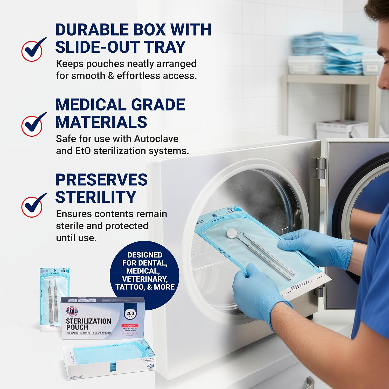 Arrigo Self-Sealing Sterilization Pouches 5.25" x 11" – 200 Count – Autoclave Bags with Internal & Dual (Int/Ext)