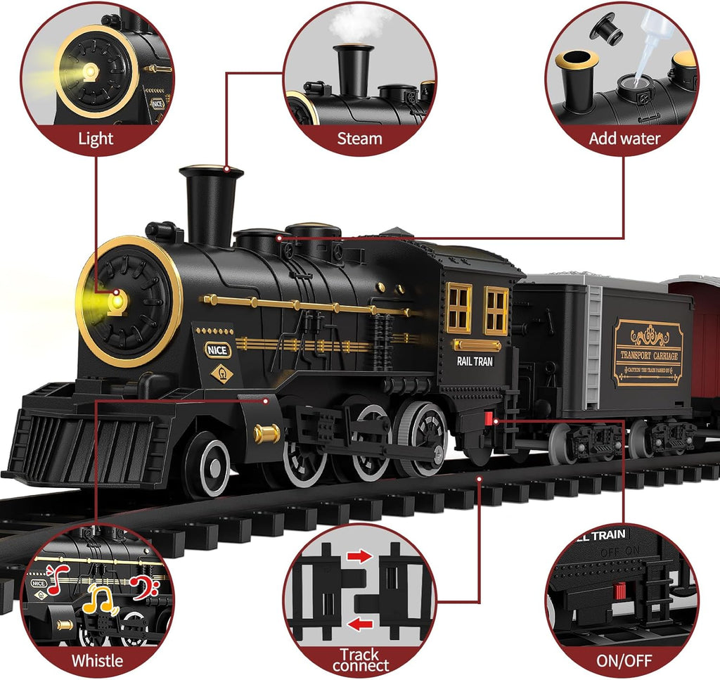 Train Set for Kids 3-12 Years, Electric Classical Steam Engine Locomotive with Steam, Light and Sounds, Rechargeable