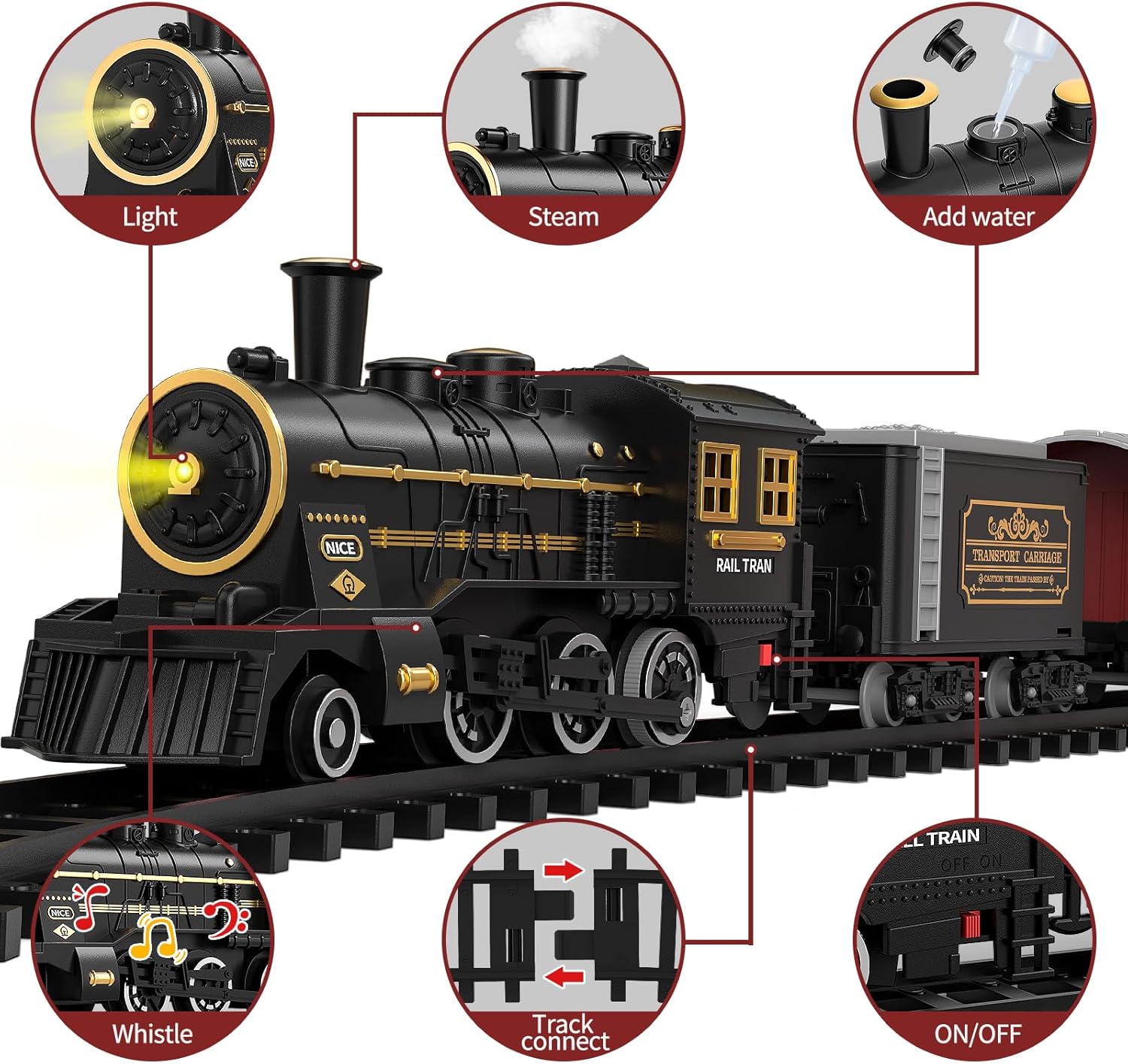 Train Set for Kids 3-12 Years, Electric Classical Steam Engine Locomotive with Steam, Light and Sounds, Rechargeable