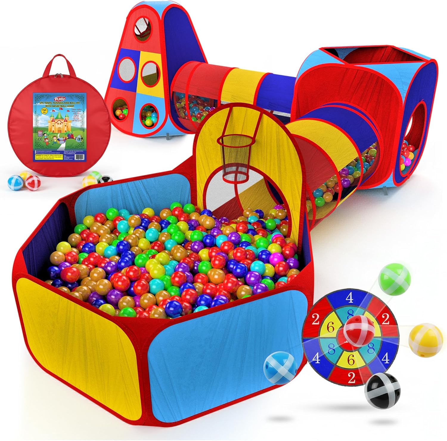 5pc Kids' Play Tents & Tunnels - Ball Pit for Toddlers, Basketball Hoop, Crawling Tubes, Pop-Up Playhouses, Baby