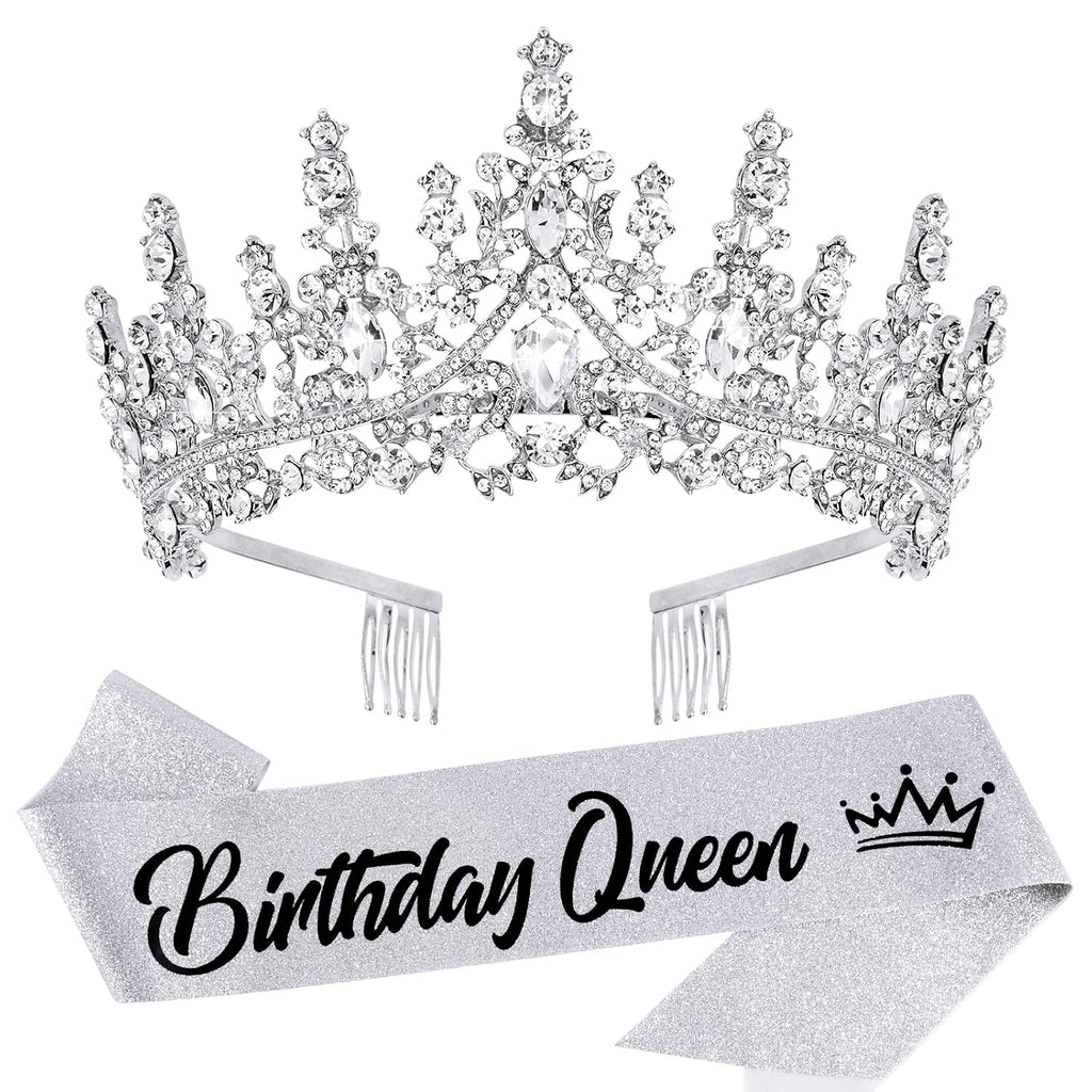 Silver Crystal Birthday Queen Tiara Crowns for Women Girls Birthday Queen Headband Sash Elegant Princess Crown with