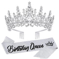 Silver Crystal Birthday Queen Tiara Crowns for Women Girls Birthday Queen Headband Sash Elegant Princess Crown with