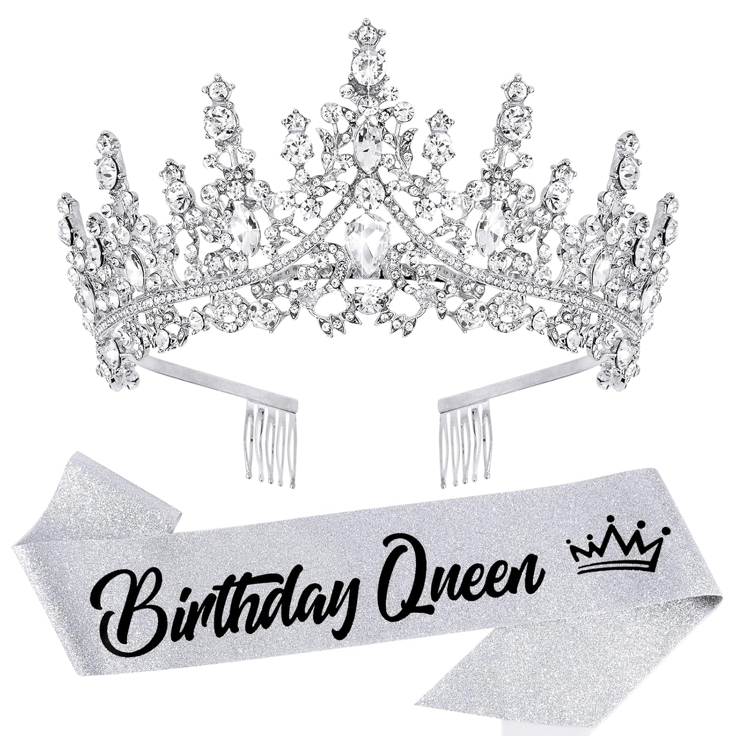 Silver Crystal Birthday Queen Tiara Crowns for Women Girls Birthday Queen Headband Sash Elegant Princess Crown with