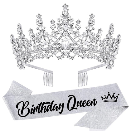Silver Crystal Birthday Queen Tiara Crowns for Women Girls Birthday Queen Headband Sash Elegant Princess Crown with