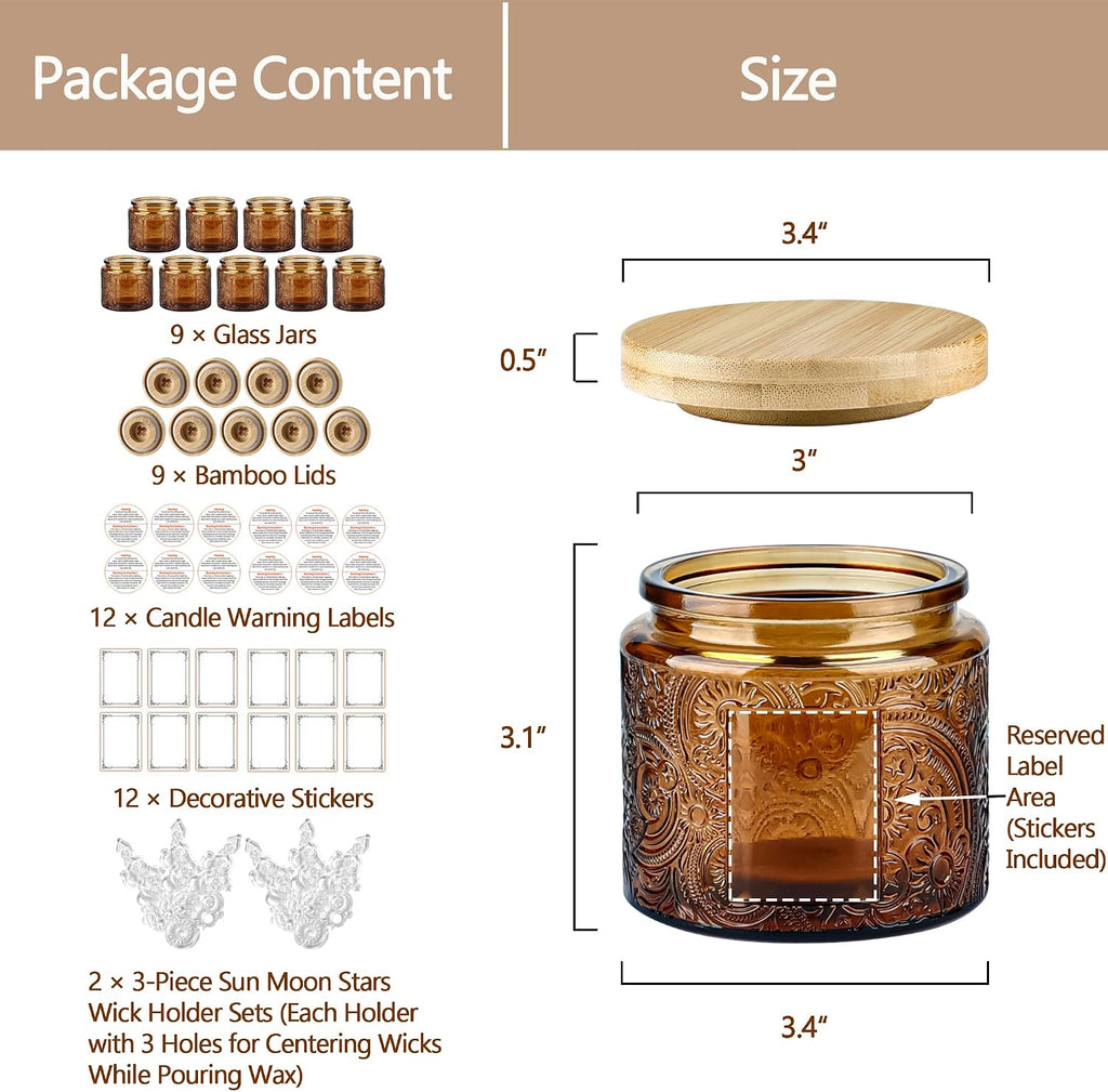 10 oz Mocha Sun Moon Stars Candle Jars with Bamboo Lids, 9 Pack | Patented Embossed Design, Includes Wick Centering