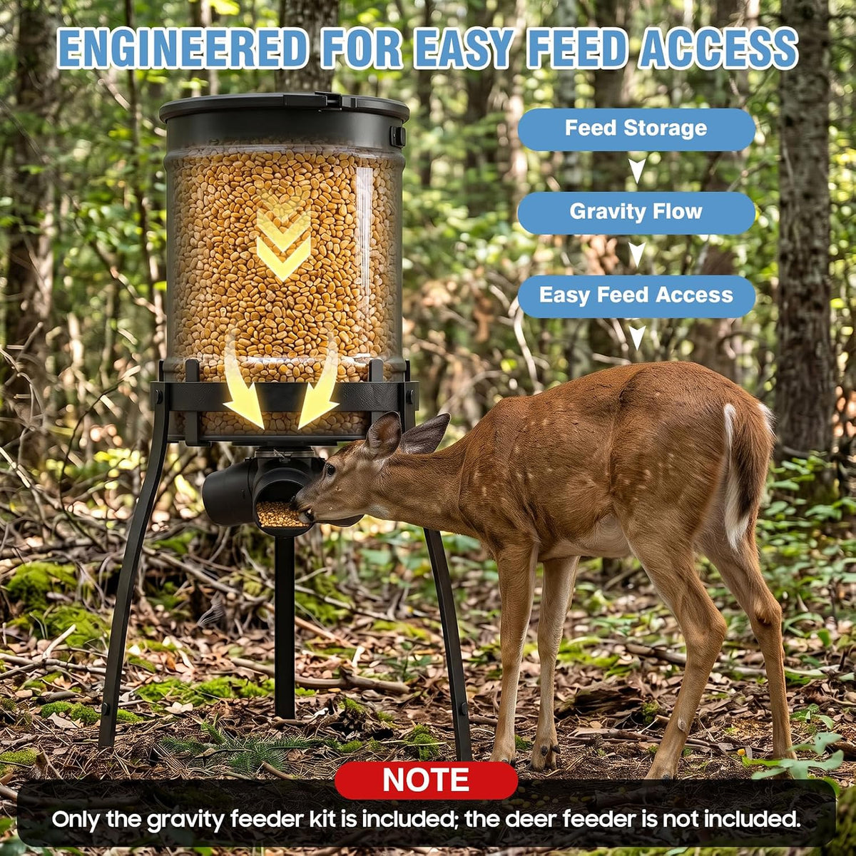 Gravity Deer Feeder Kit, Easy 2-Way Installation, Rotating Installation or DIY Bucket Setup