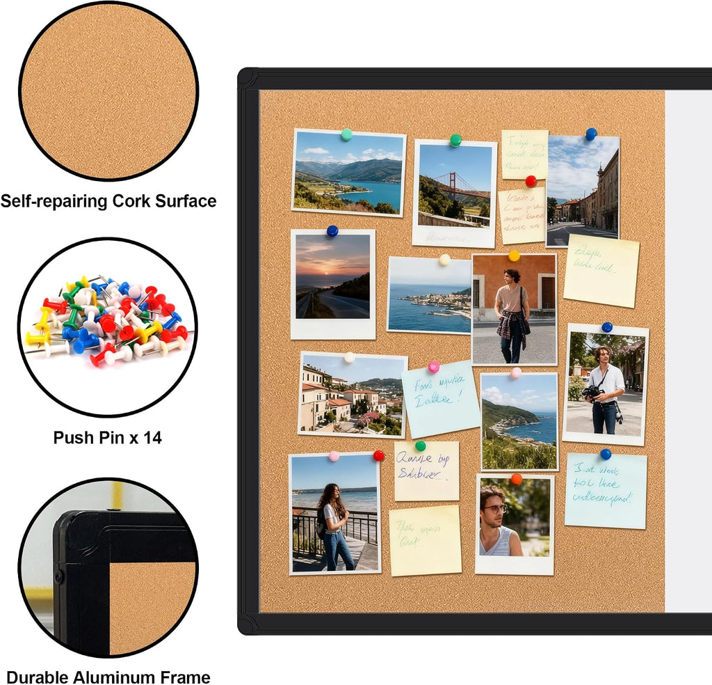 Cork Board White Board Combo, 36" X 24" Magnetic Whiteboard Bulletin Combination Board, Black Aluminum Frame Vision