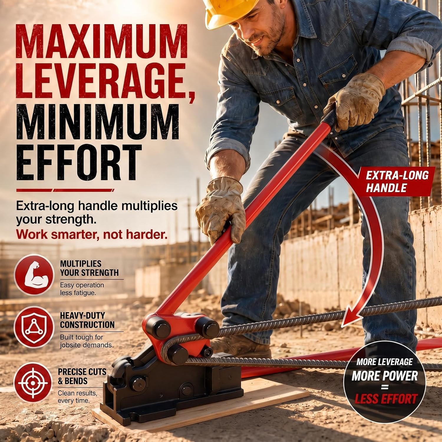 Rebar Bender & Cutter 2 in 1 Rod Bender Metal Bending Tool Manual Effortlessly Cut and Bend Rebar up to 5/8" Bending