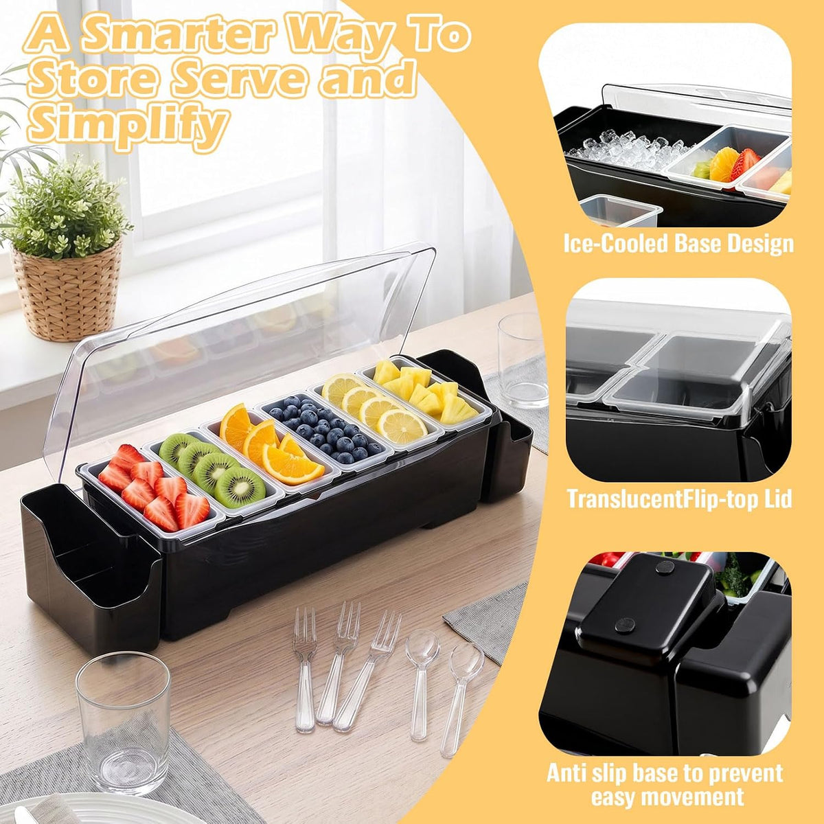 Ice Chilled Condiment Caddy with 6 Removable Trays and Lids