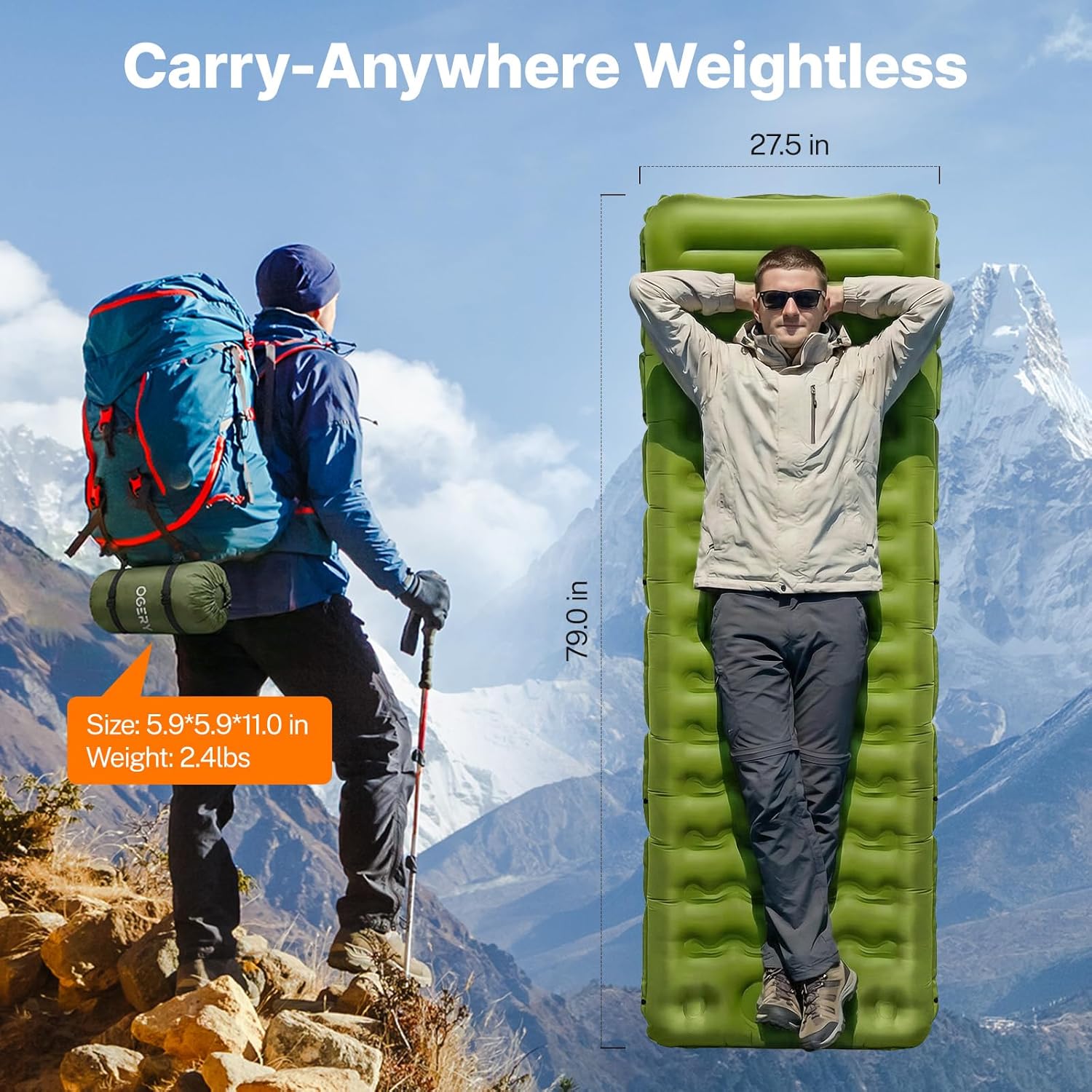 Sleeping Pad, Ultralight Inflating Camping Pad with 6" Extra-Thick | Camping Mattress With Pillows & Built-in Foot
