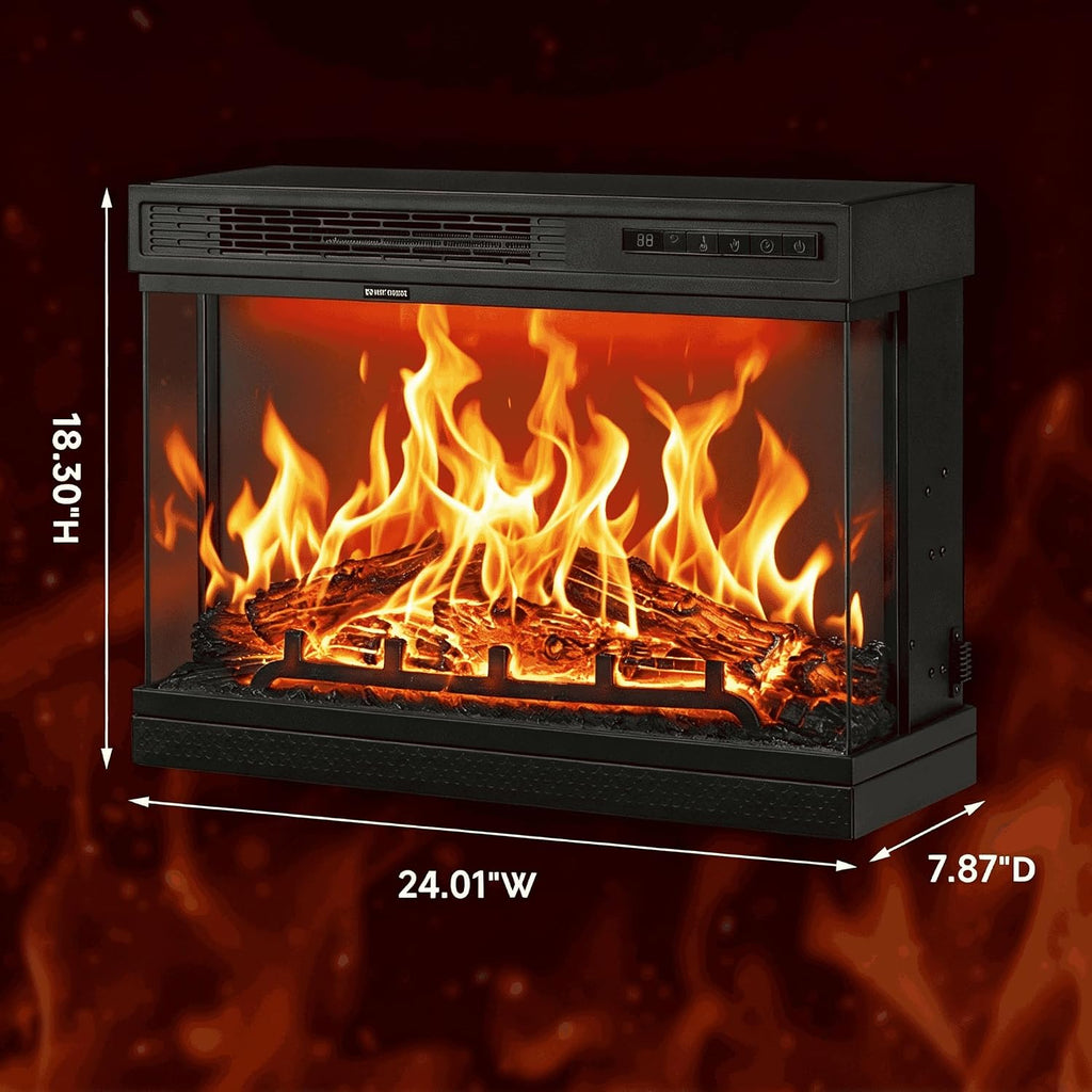 24" 3-Sided Electric Fireplace Insert, Wall-Mounted/Freestanding, 12 Flame Colors, 5 Brightness Levels, 8H Timer