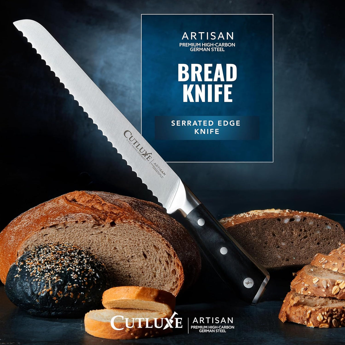 Bread Knife, 10" Serrated Knife, German Steel Full Tang Blade