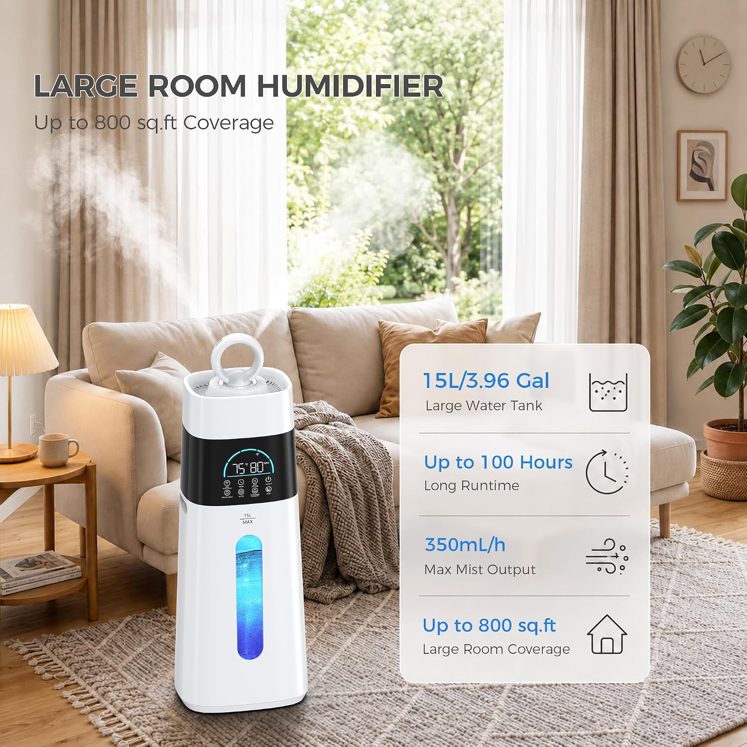 Humidifiers for Bedroom,15L/3.96 Gal 800 sq.ft, Cool Mist Humidifier Large Room with 350mL/H Spray Output for Home