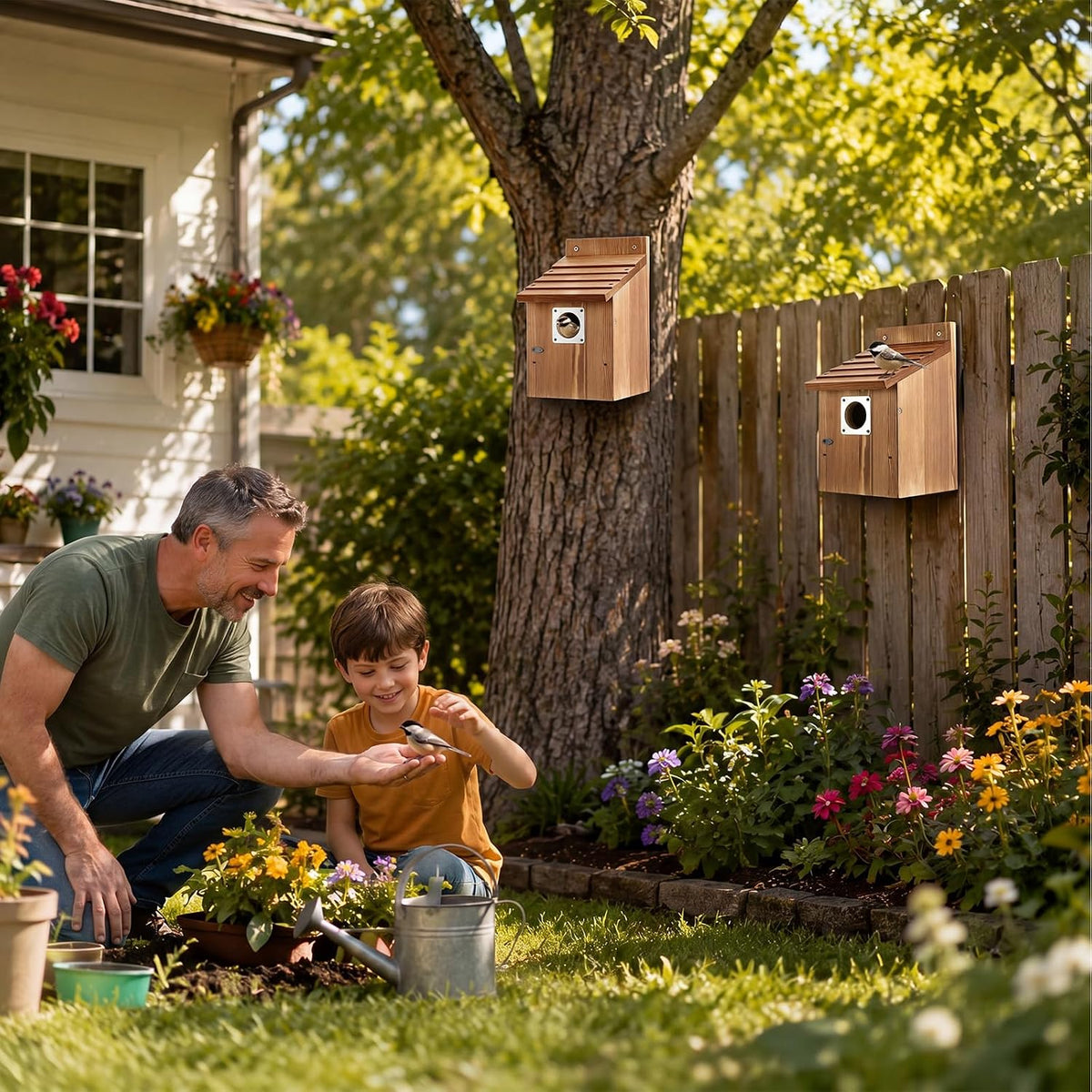 4 Pack Bluebird Houses for Outside with Metal Predator Guard, 1-1/2" Entrance Hole Wooden Blue Bird Houses for