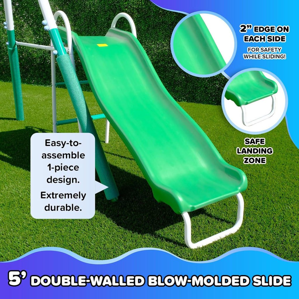 Bayside 7-in-1 Outdoor Backyard Metal Swing Set for Kids, 1000 lb Capacity, Teeter-Totter, Swing, Saucer, Standing
