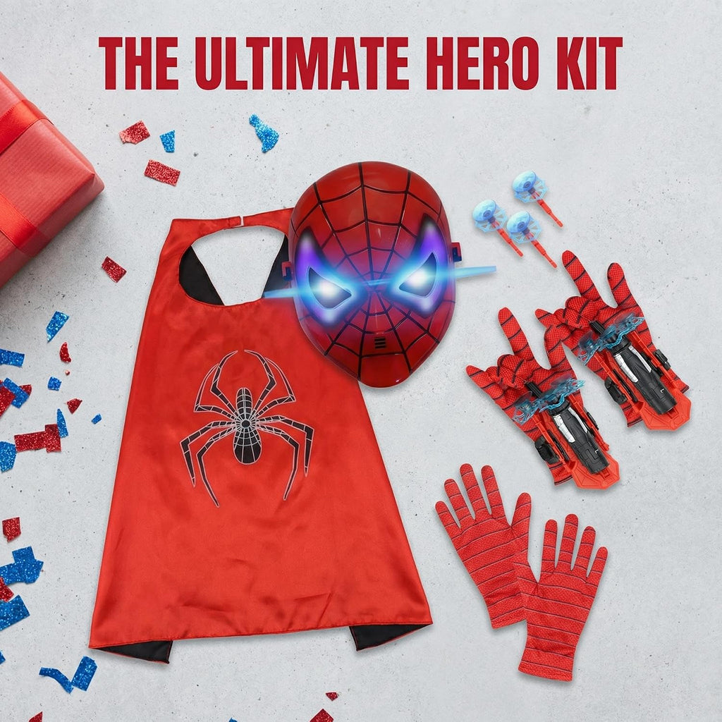Superhero Costume for Kids, LED Mask, Cape and Web Shooter Set