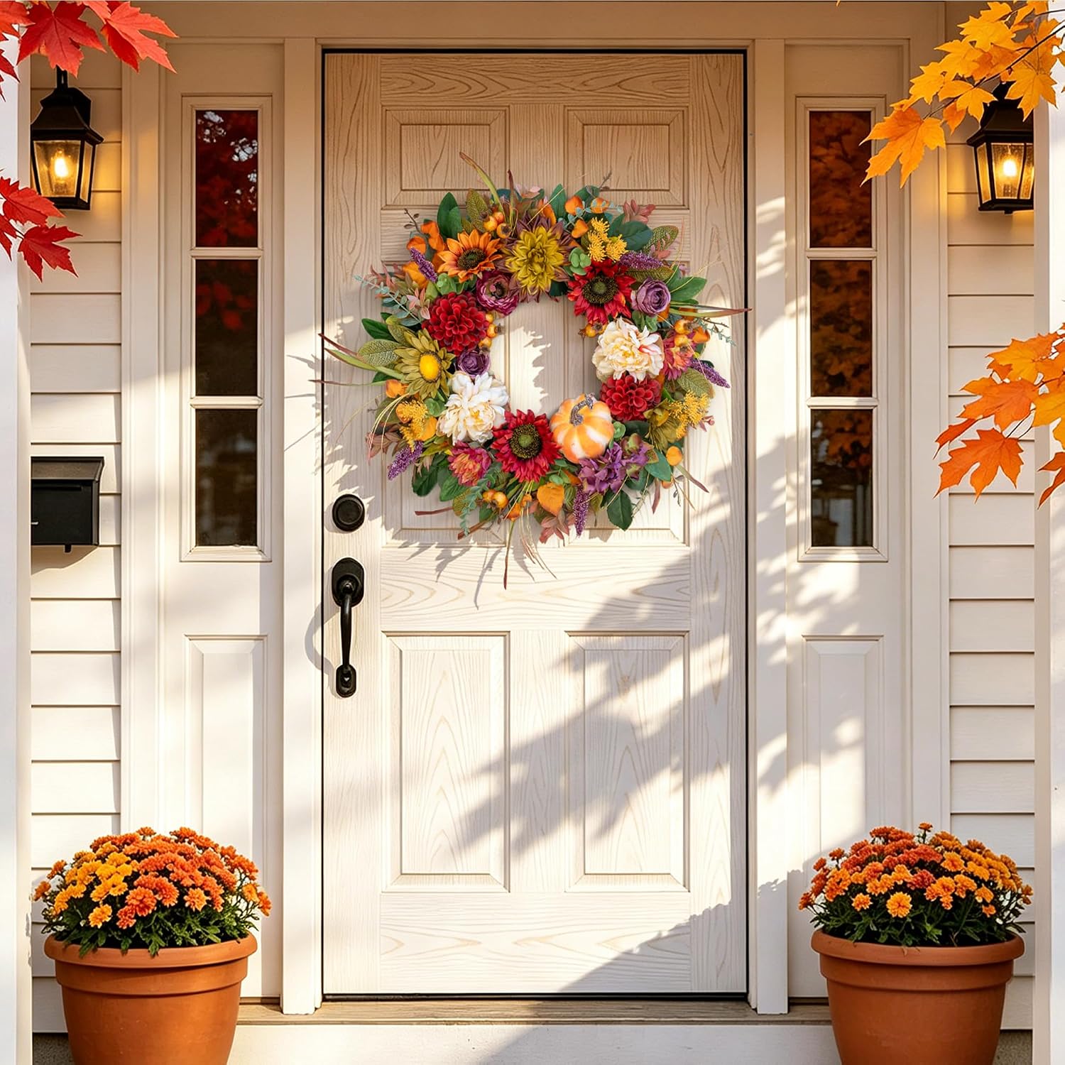 24 Inch Fall Wreaths for Front Door, Autumn Farmhouse Harvest Wreath | Fall Door Wreath with Sunflowers, Peony