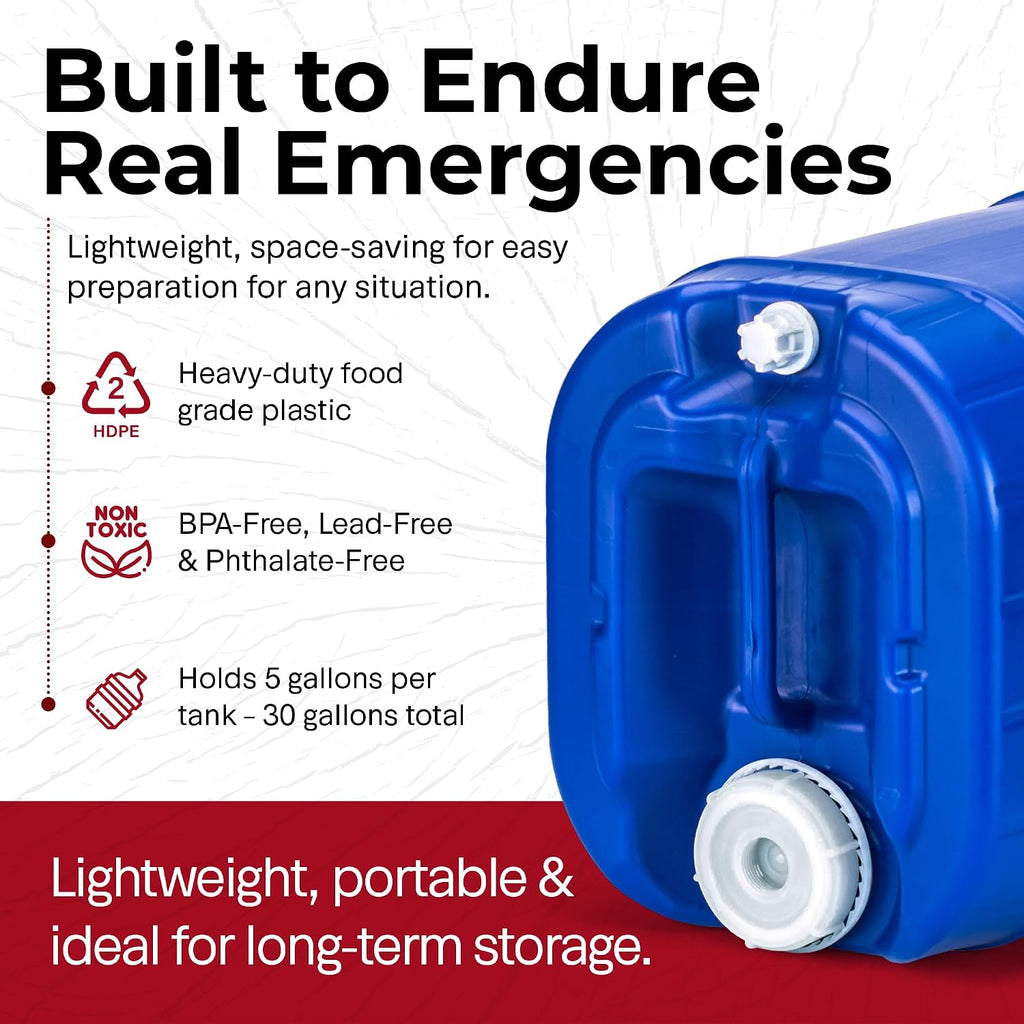 Legacy Food Storage Emergency Water Storage Containers, Long Term 5 Gallon Water Tank - 6 Stackable Food Grade Tanks