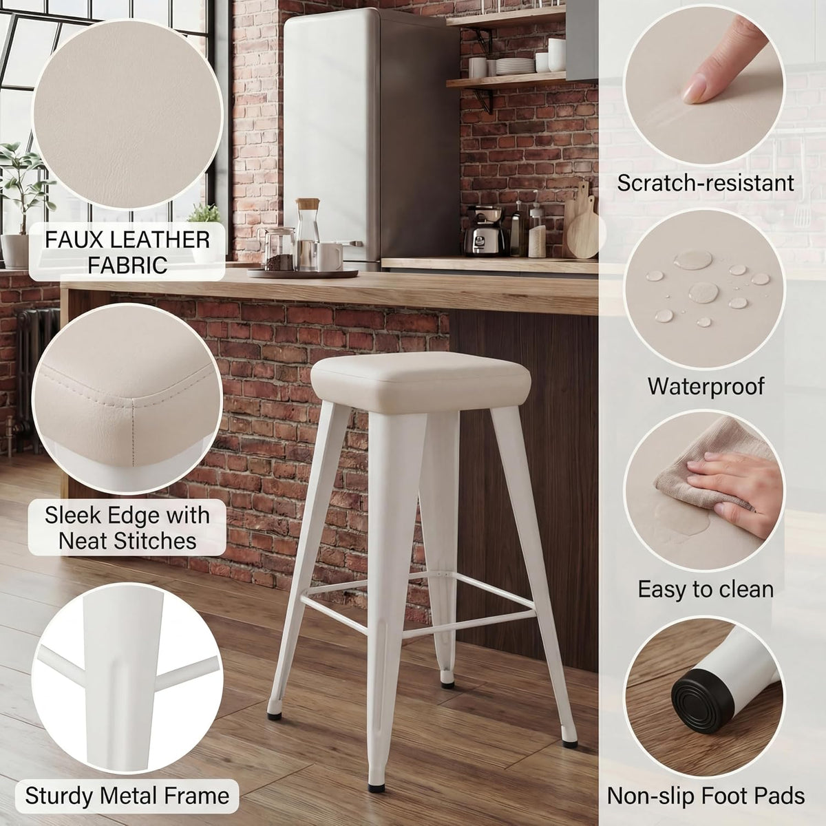 Backless Bar Stools Set of 4, 26" Farmhouse PU Leather Barstools