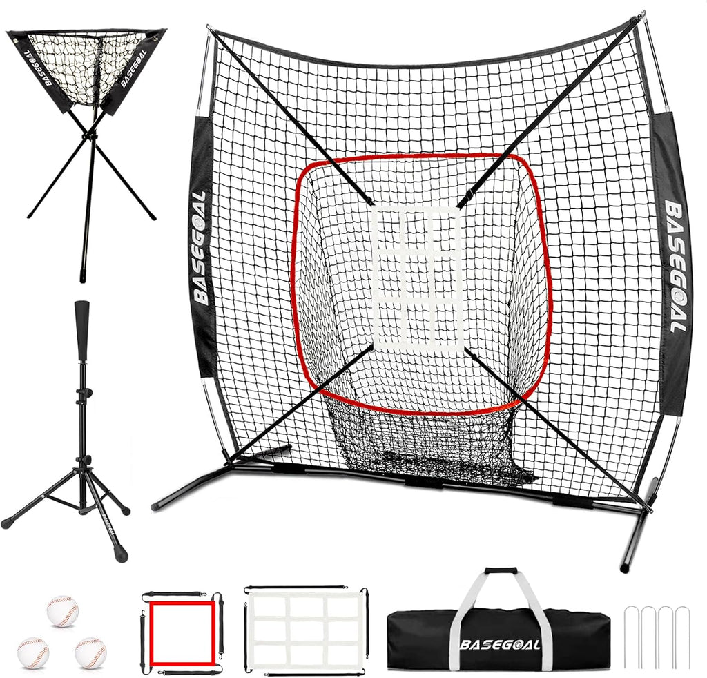 6x6ft Baseball Practice Net with Batting Tee,Caddy and Strike Zone | Baseball backstop net with 7-strand knotless