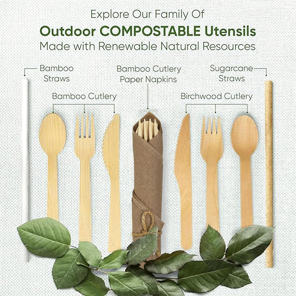 Brown Pre Rolled Napkin and Bamboo Cutlery Set (50 Pack, 200 PCS)
