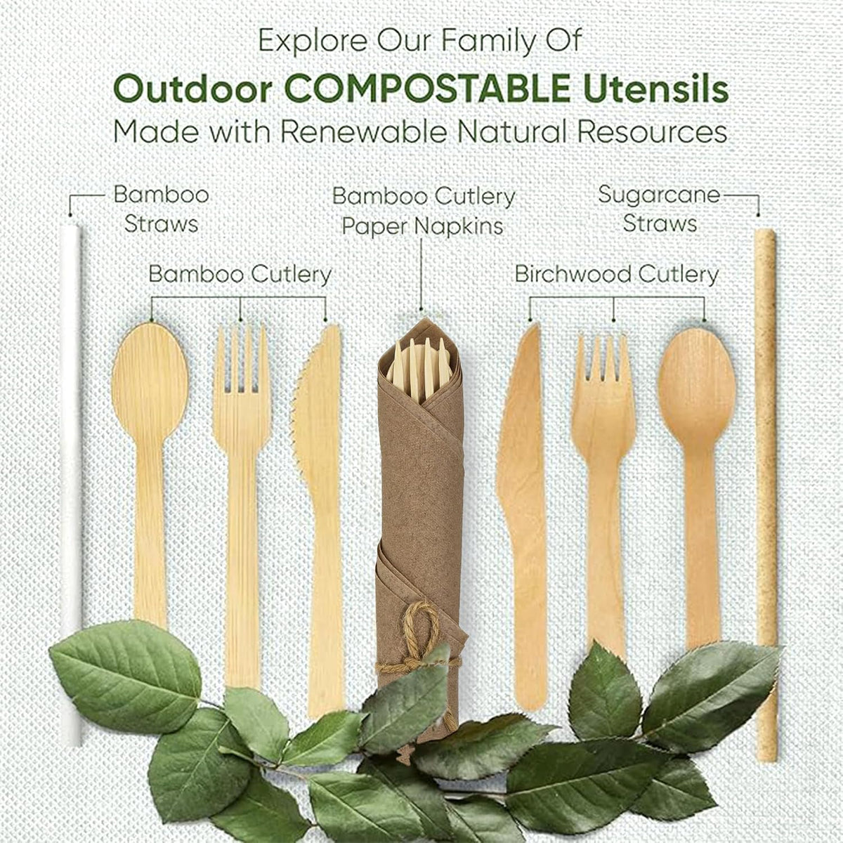 Brown Pre Rolled Napkin and Bamboo Cutlery Set (50 Pack, 200 PCS)