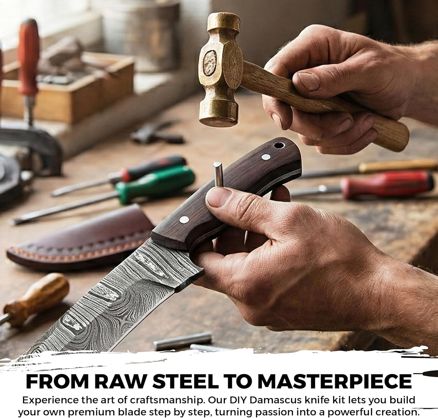10" Damascus Steel Knife Making Kit – DIY Handmade Blank Blade, Dark Wood Handle Scales, Metal Pins & Leather Sheath