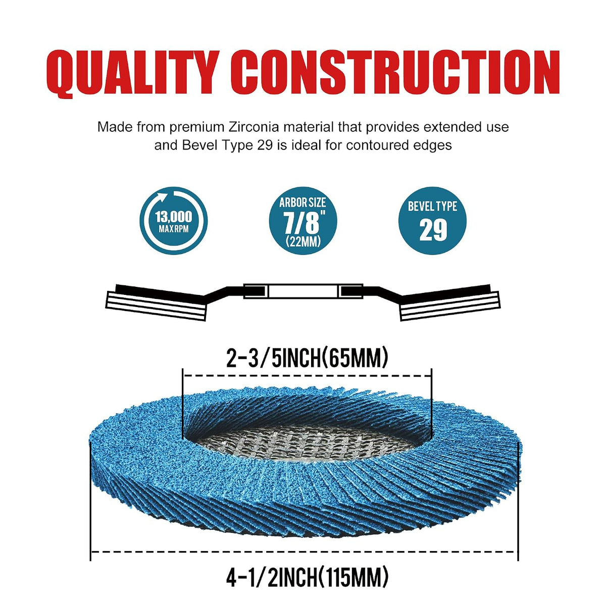 EZARC Zirconia Flap Discs 40/60/80/120 Grit, 4-1/2 x 7/8, Type 29, 20-Pack