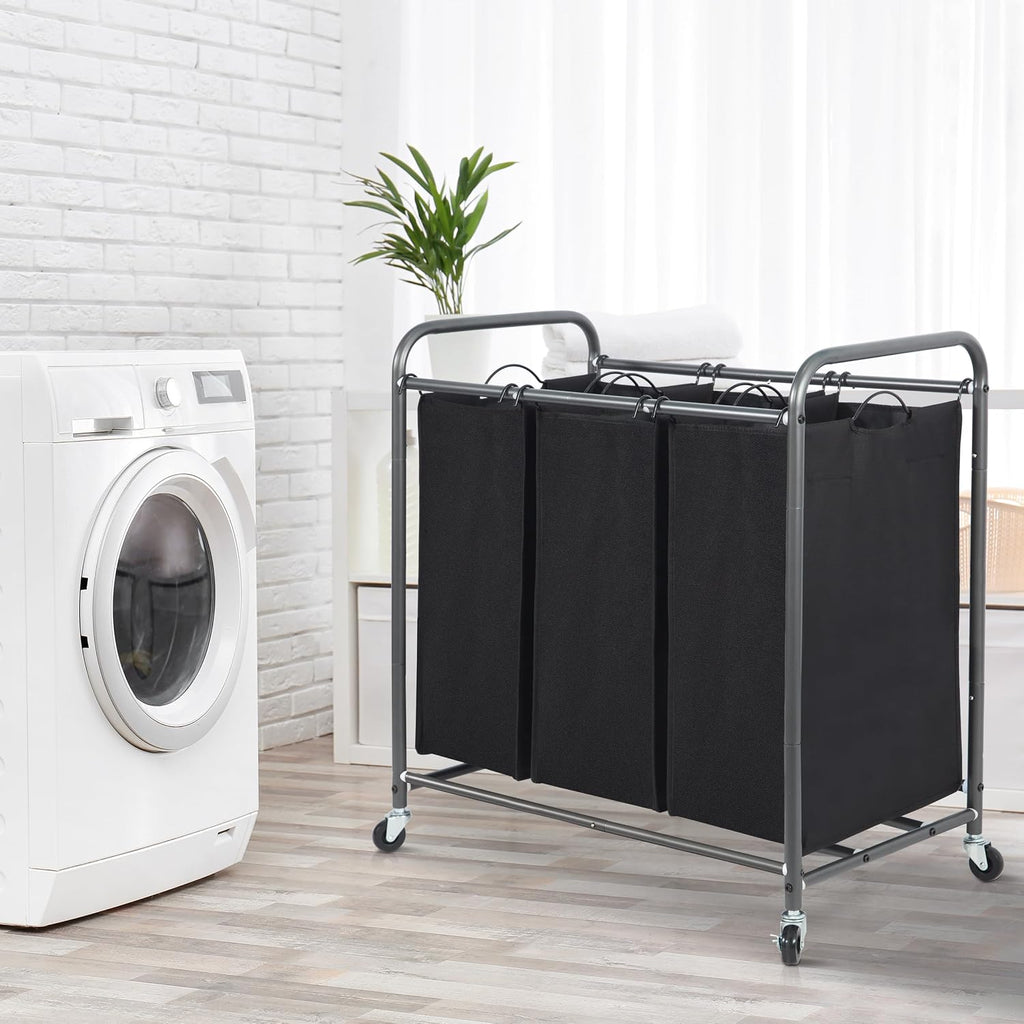 3 Section Laundry Sorter, 35.6 Gal (135 L) Laundry Hamper Cart with Heavy Duty Rolling Lockable Wheels and Removable