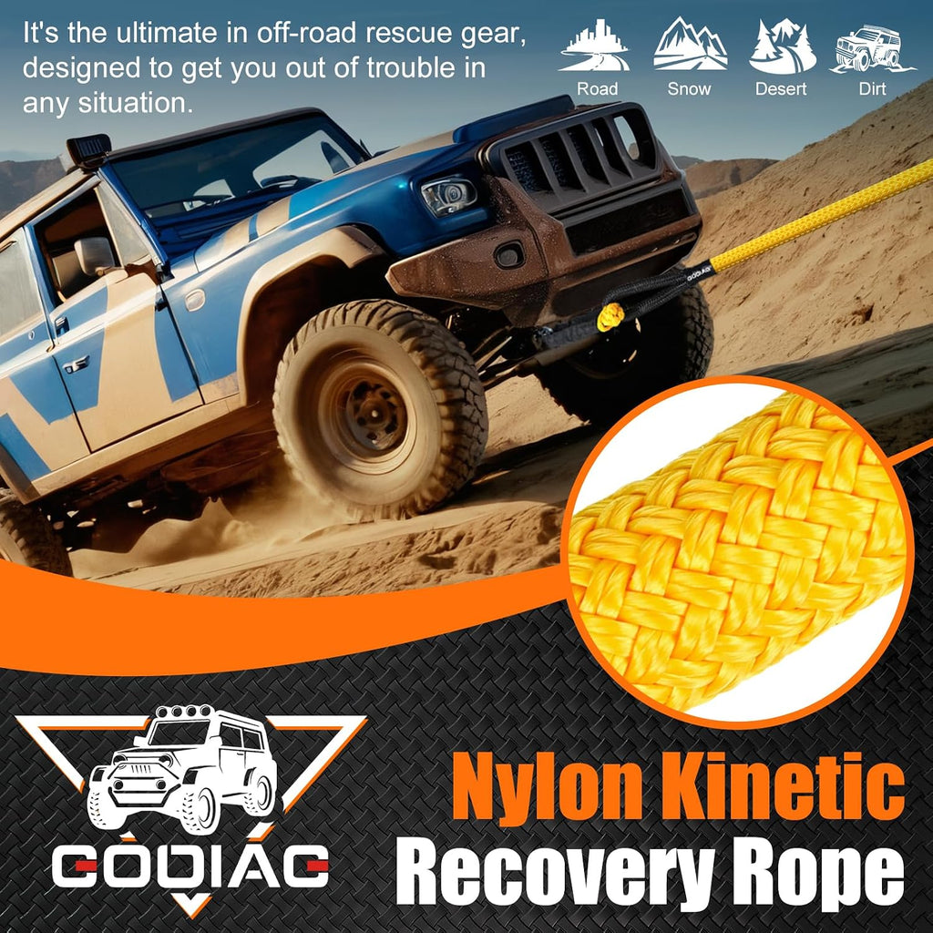 1" x20ft Kinetic Recovery Rope 33K lbs with 2 Soft Shackles Yellow