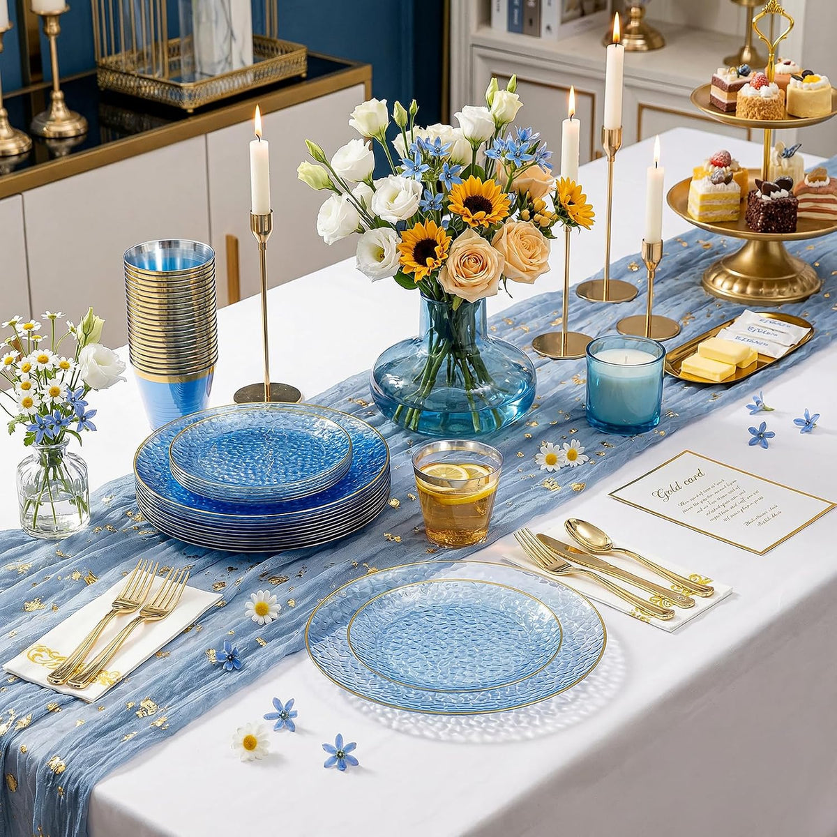 350 Pcs Clear Blue Plastic Plates, Blue Gold Plastic Dinnerware Set (50 Guests), Blue Disposable Plates With Gold