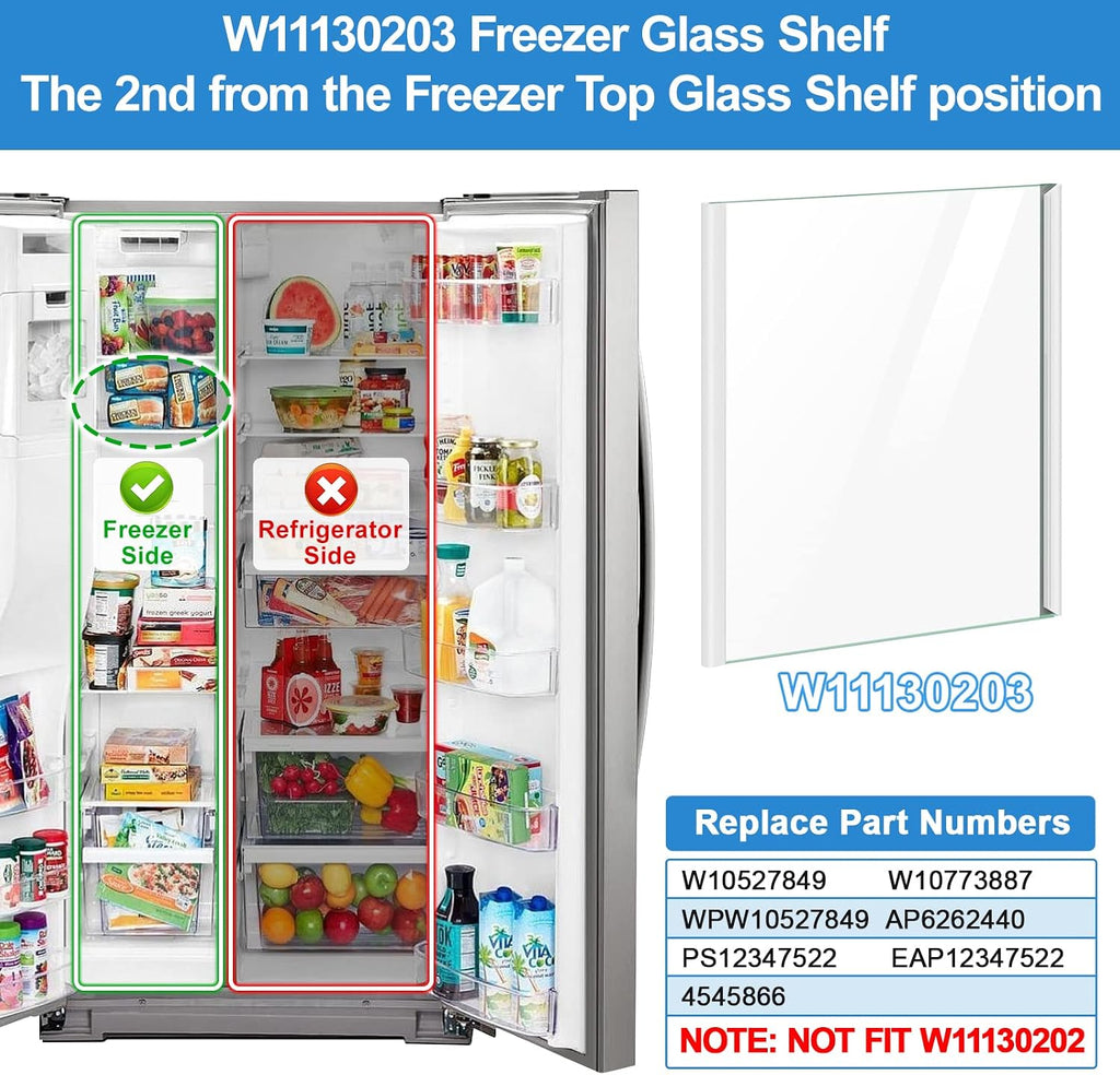 UPGRADED W11130203 Freezer Glass Shelf Compatible with Whirlpool Freezer Shelf Replacement W10773887 Whirlpool Shelf Replacment Parts W10527849 PS12347522 WRS571CIHZ04 WRS571CIHZ01 Freezer Shelf