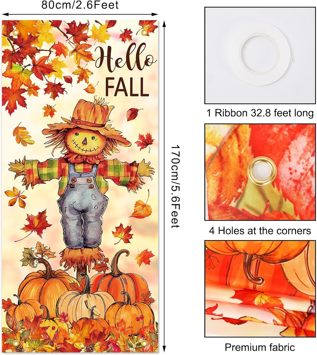 Fall Door Banner Cover Scarecrow Pumpkin Leaves Hanging Banner Autumn Harvest Fabric Photo Background for