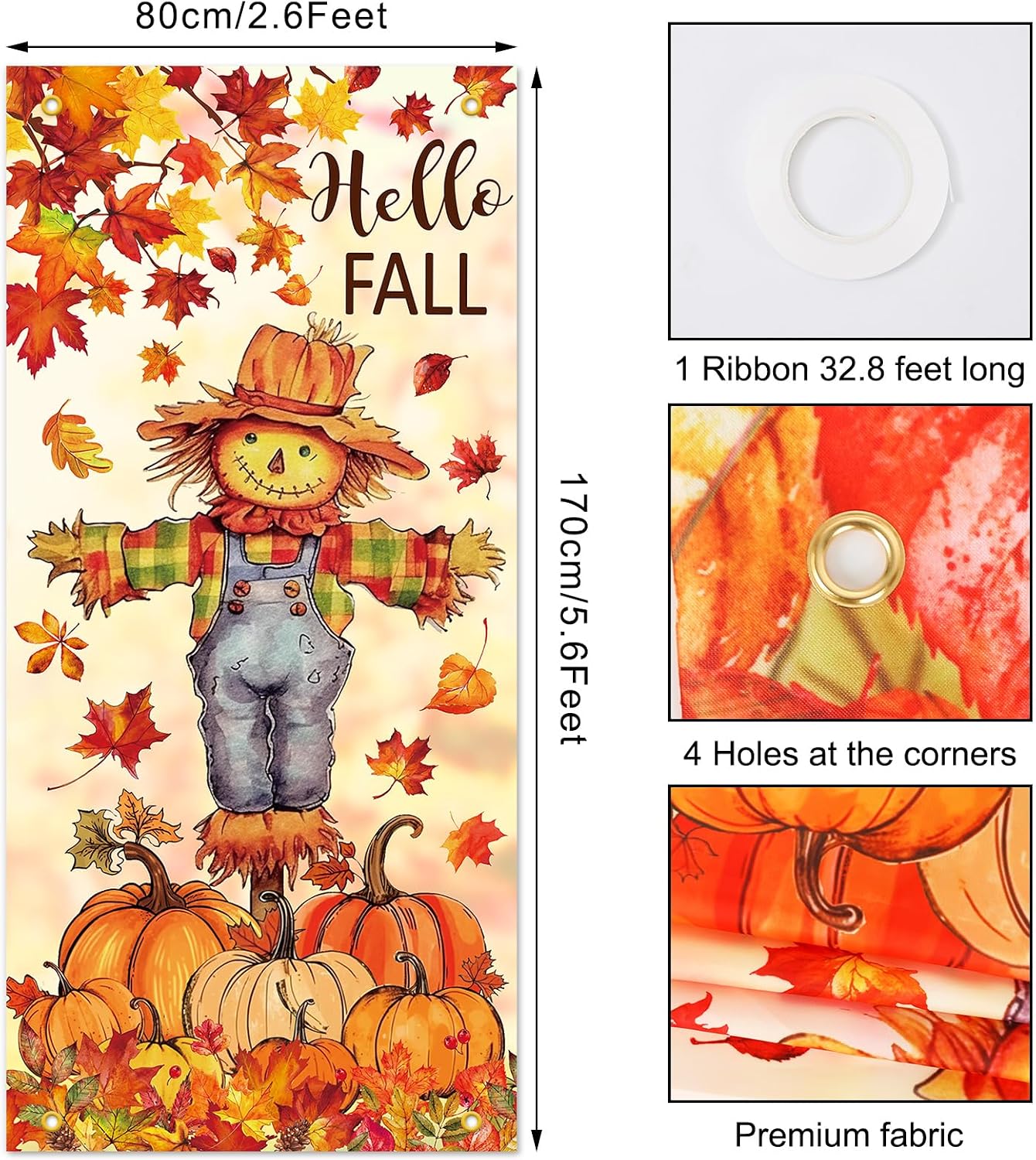 Fall Door Banner Cover Scarecrow Pumpkin Leaves Hanging Banner Autumn Harvest Fabric Photo Background for