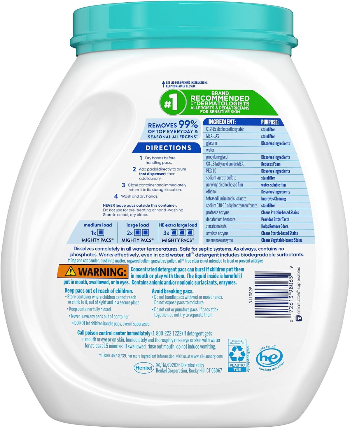 Laundry Detergent Pacs for Sensitive Skin, Odor Relief, 72 Count