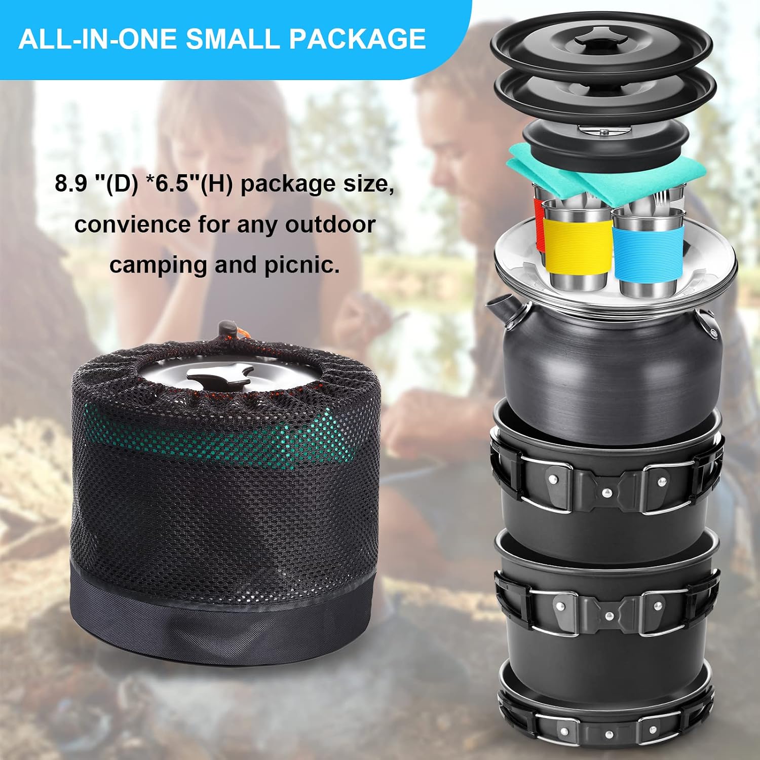 42 Pcs Camping Cookware Mess Kit, Non Stick Lightweight Pots Pan Kettle, Collapsible Water Container and Bucket