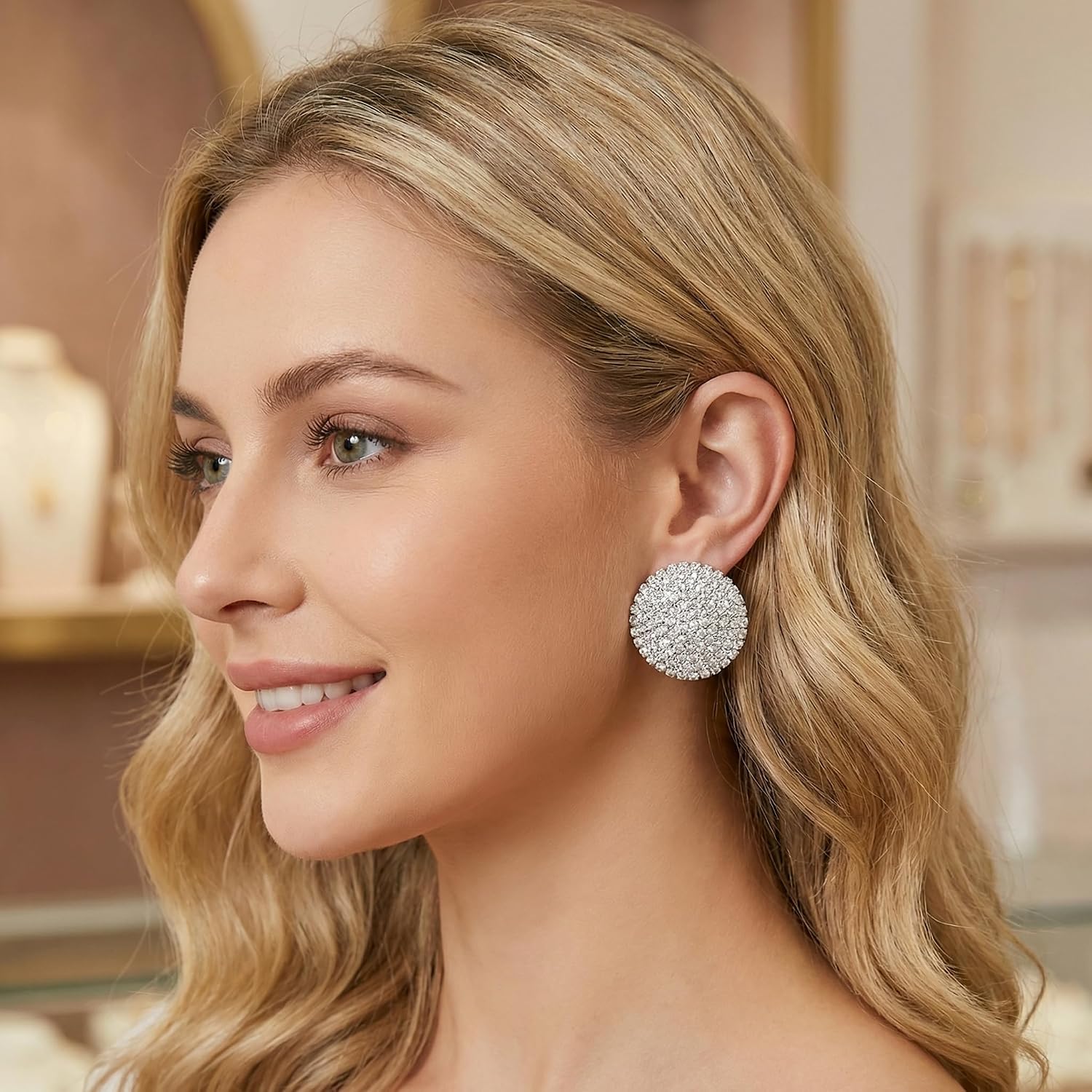 Stud Earrings for Women Oversized Silver Button Earring Sparkly Rhinestone Luxury Bling, Statement Studfor Wedding