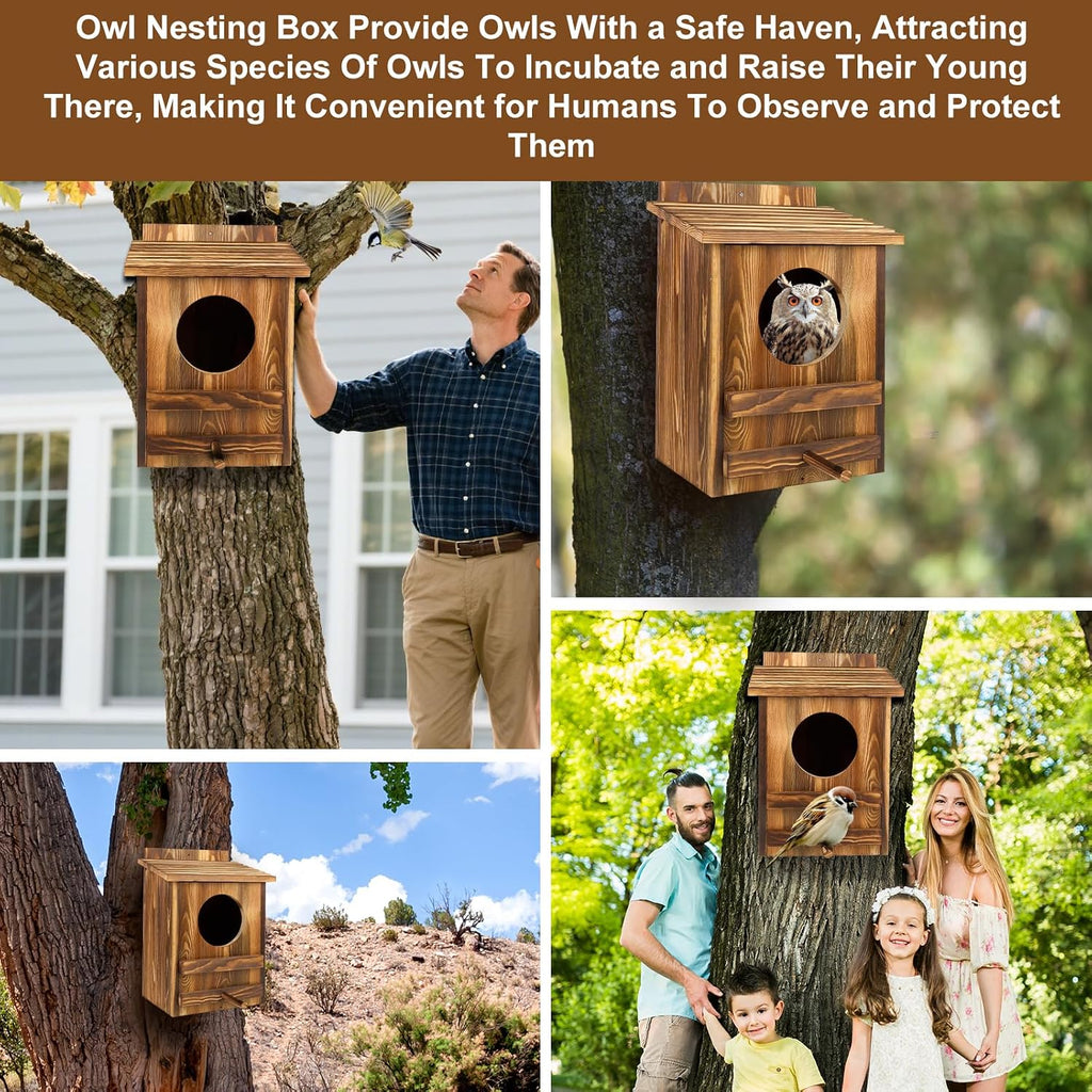 Owl Houses for Outdoors， 16.1x11.8x9.5 inch Large Carbonized Barred Owl Nesting Box, Waterproof & Ventilated Design