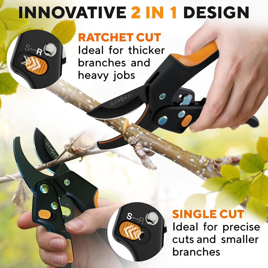 Ratchet Pruning Shears for Gardening Heavy Duty - Increases Cutting Power 3x - Perfect Ratchet Pruners for Weak Hands
