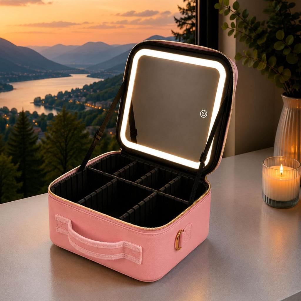Makeup Train Case with LED Mirror, Travel Vanity Case, Rechargeable Lighted Mirror, Adjustable Dividers, Brush