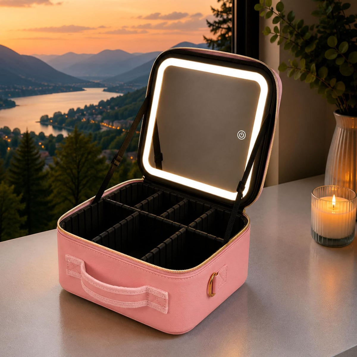 Makeup Train Case with LED Mirror, Travel Vanity Case, Rechargeable Lighted Mirror, Adjustable Dividers, Brush