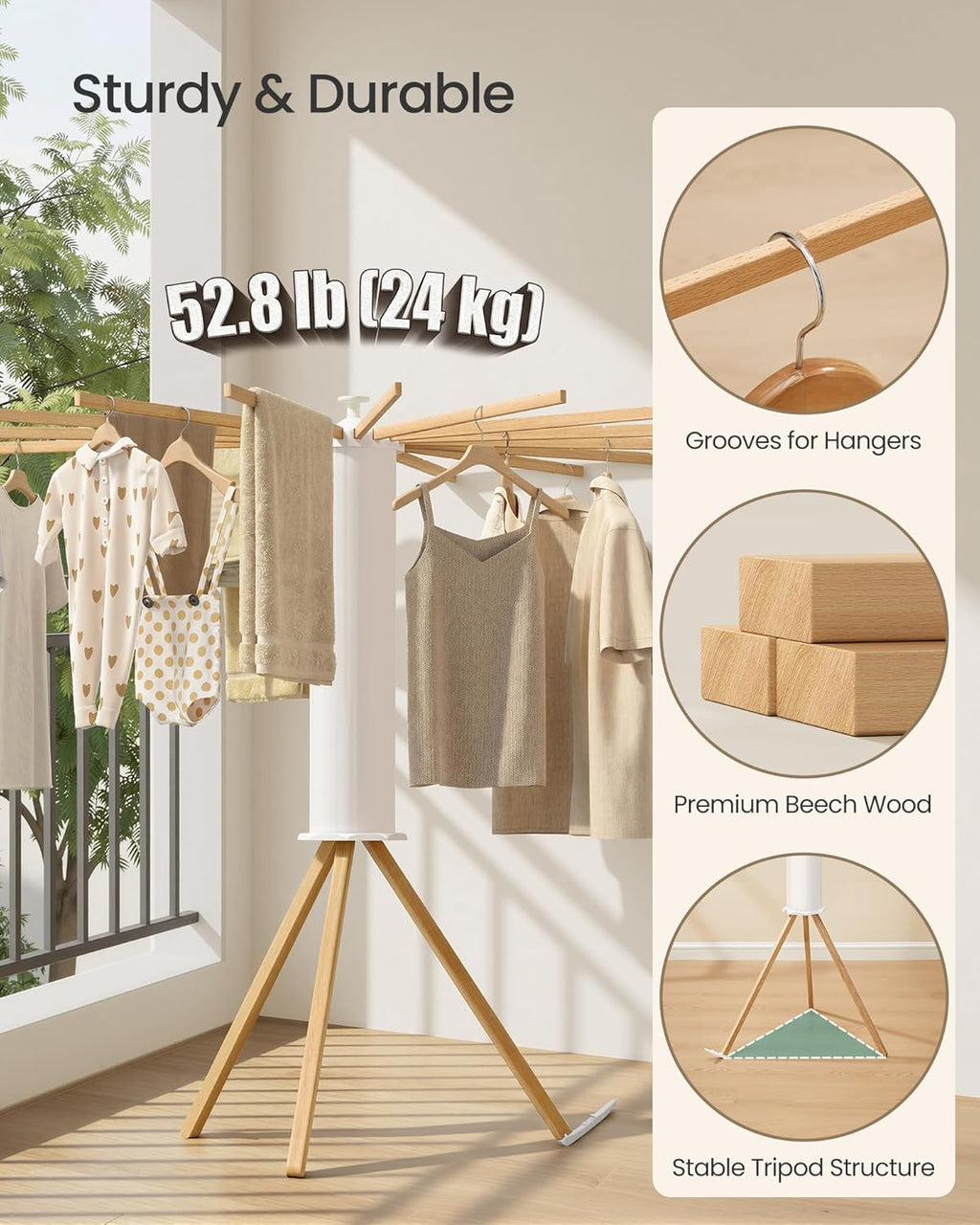 Clothes Drying Rack Foldable, Rotary Tripod Laundry Drying Rack, Rotatable Portable Floor Standing Clothes Airer