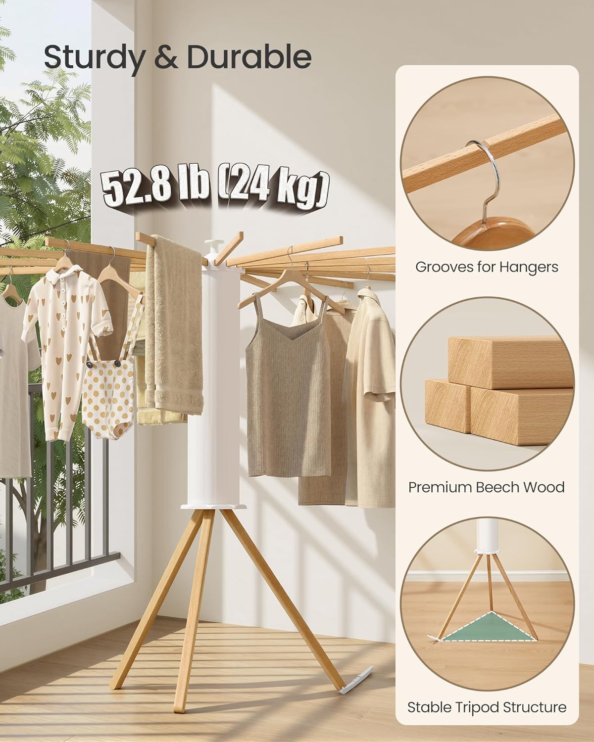 Clothes Drying Rack Foldable, Rotary Tripod Laundry Drying Rack, Rotatable Portable Floor Standing Clothes Airer