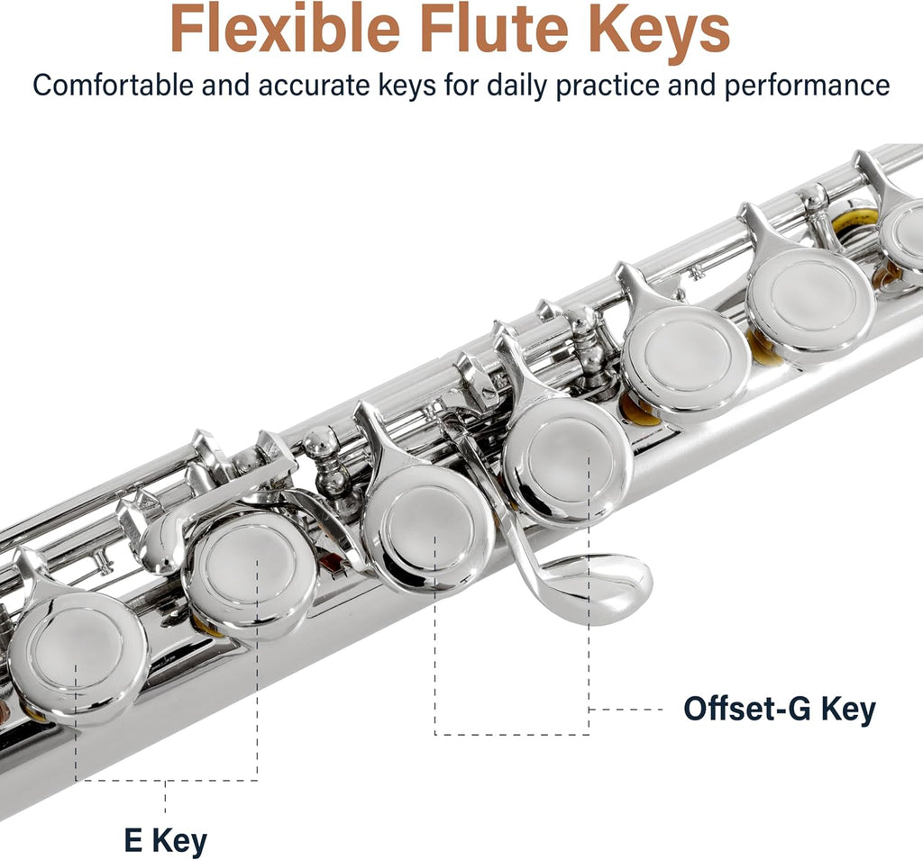16 Keys Closed Hole C Flute Kit for Beginners - Nickel | Beginner Flute Kit with Carrying Case, Stand, Tuning Rod