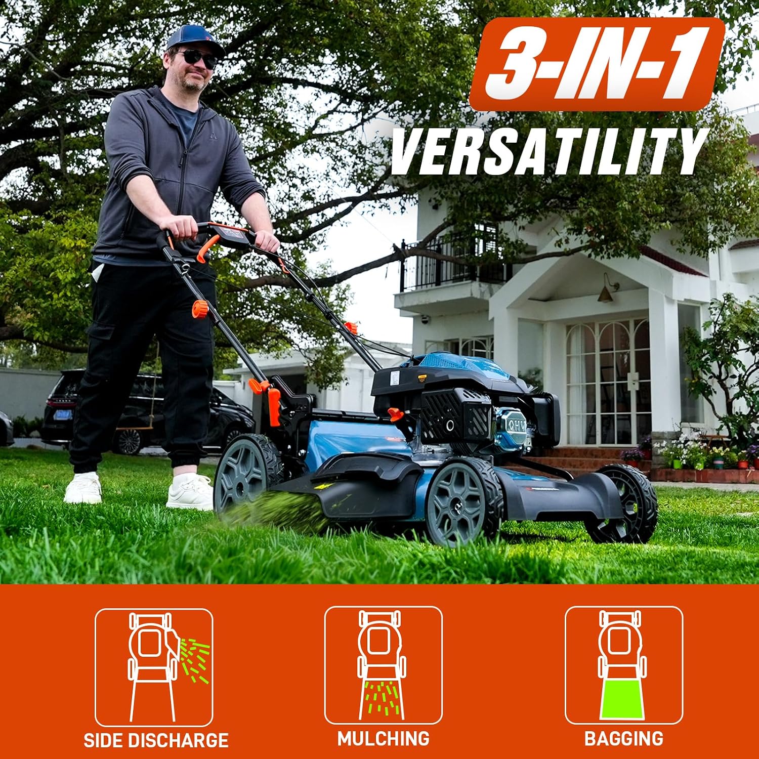 22" 201cc Variable Speed Rear Wheel Self Propelled Gas Lawn Mower | 4-Cycle OHV Engine, 3-in-1 Mower with Bagging